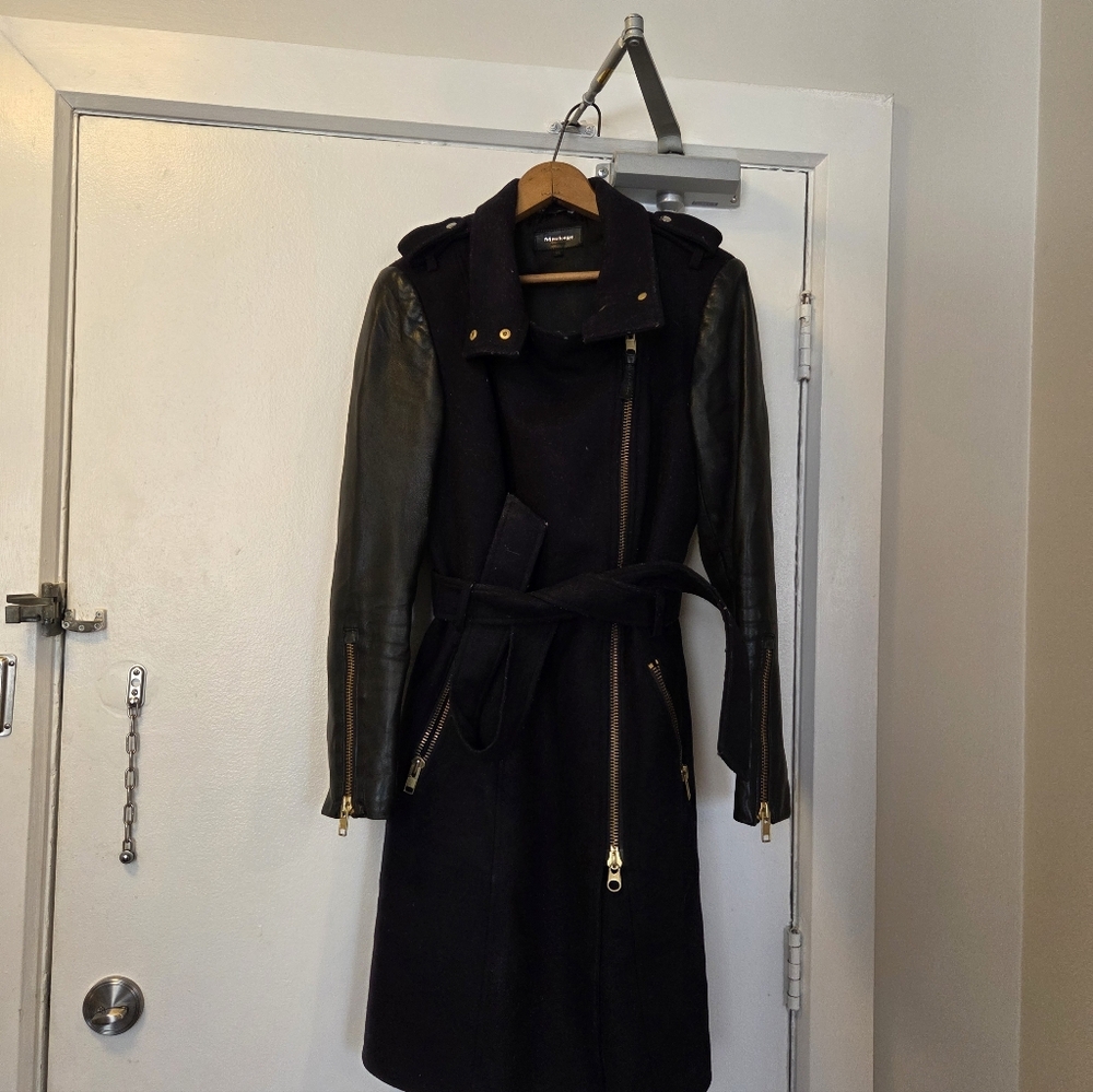 Women's Mackage Dale Wool Trench Coat with Leather Sleeves - Black - Size Medium - Picture 2 of 16
